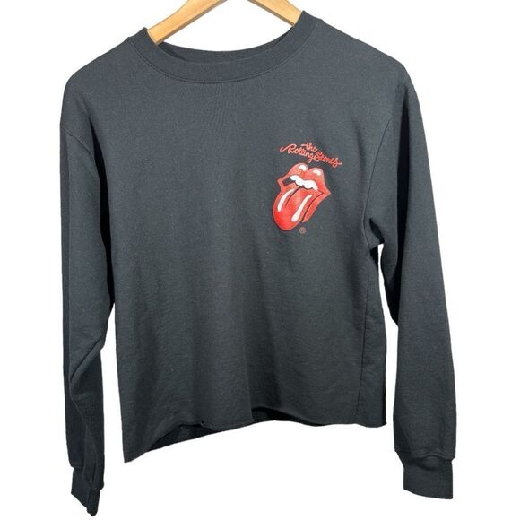 THE ROLLING STONES Women's Cropped Raw Hem Graphic Sweatshirt Black Size Small - Picture 1 of 8